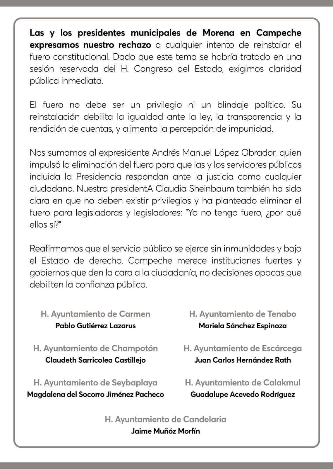 Alcaldes de Morena rechazan reinstauración del fuero a diputados en Campeche